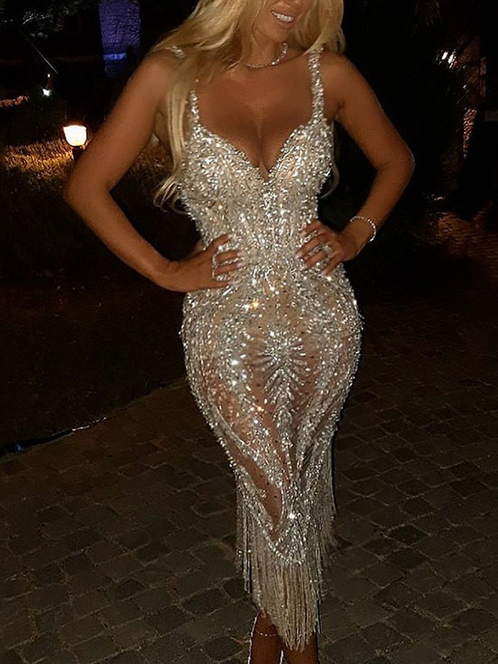 Women's Sequin Fringe V-Neck Sleeveless Fall Midi Dress
