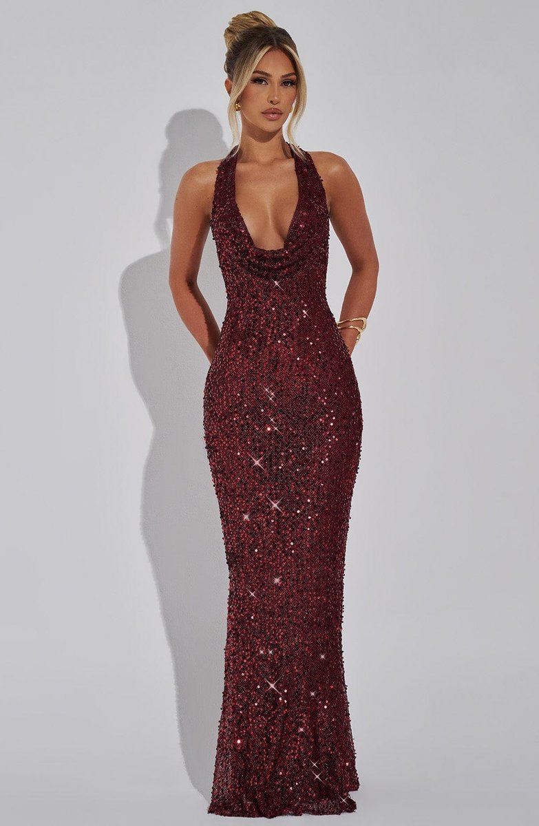 Women's Sequin Halter Neck Cowl Fall Wedding Guest Dress Maxi Gown