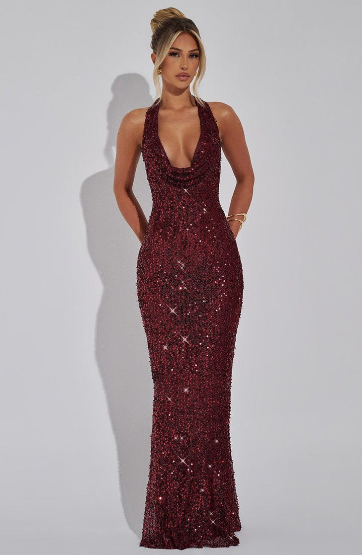 Women's Sequin Halter Neck Cowl Fall Wedding Guest Dress Maxi Gown