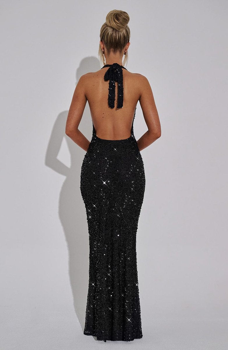 Women's Sequin Halter Neck Cowl Fall Wedding Guest Dress Maxi Gown