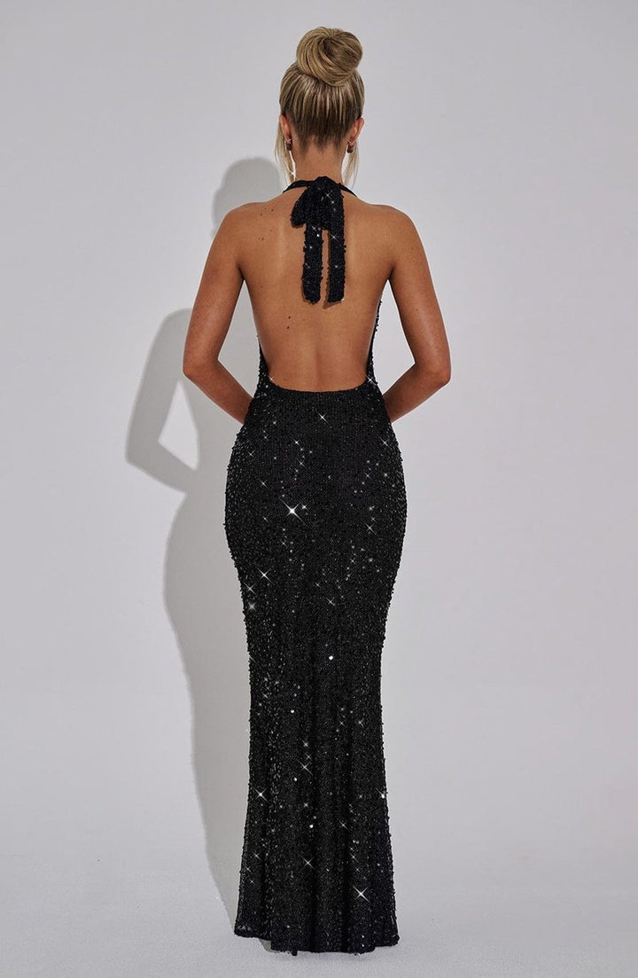 Women's Sequin Halter Neck Cowl Fall Wedding Guest Dress Maxi Gown
