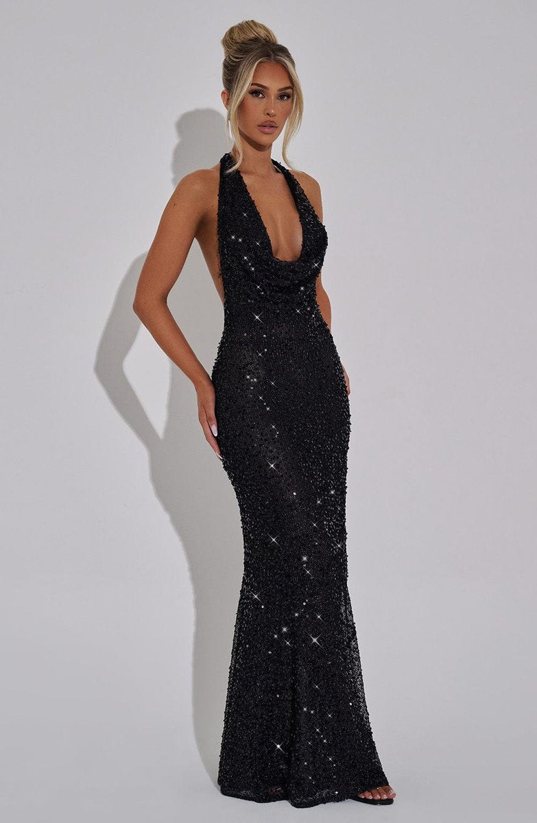 Women's Sequin Halter Neck Cowl Fall Wedding Guest Dress Maxi Gown