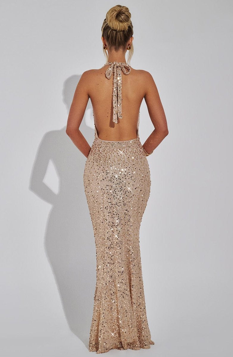 Women's Sequin Halter Neck Cowl Fall Wedding Guest Dress Maxi Gown