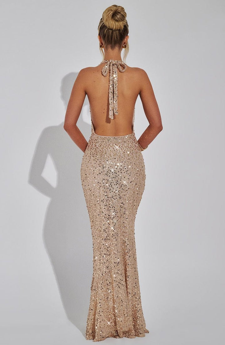 Women's Sequin Halter Neck Cowl Fall Wedding Guest Dress Maxi Gown