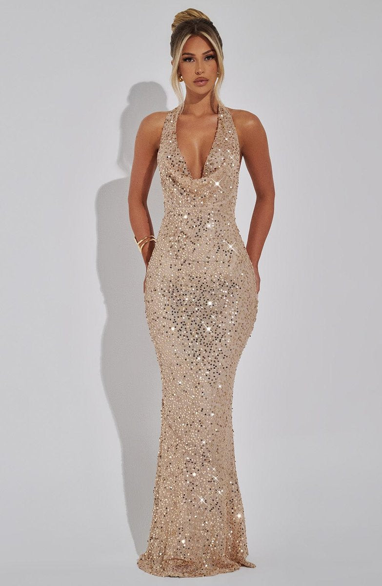 Women's Sequin Halter Neck Cowl Fall Wedding Guest Dress Maxi Gown