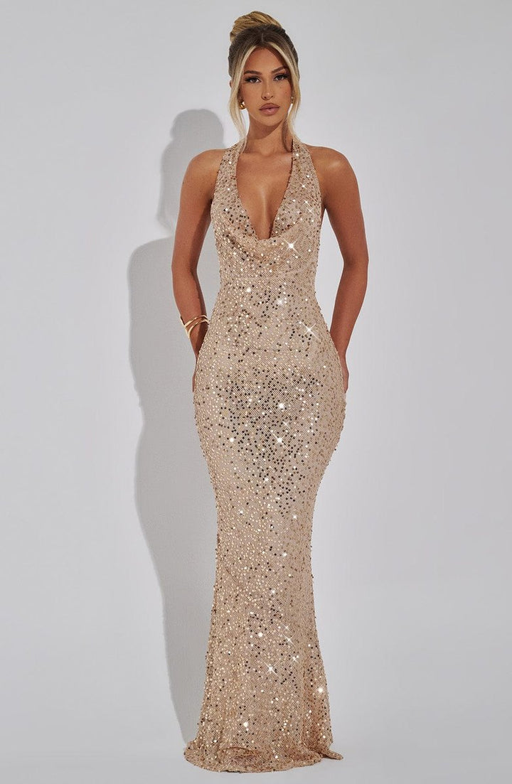 Women's Sequin Halter Neck Cowl Fall Wedding Guest Dress Maxi Gown