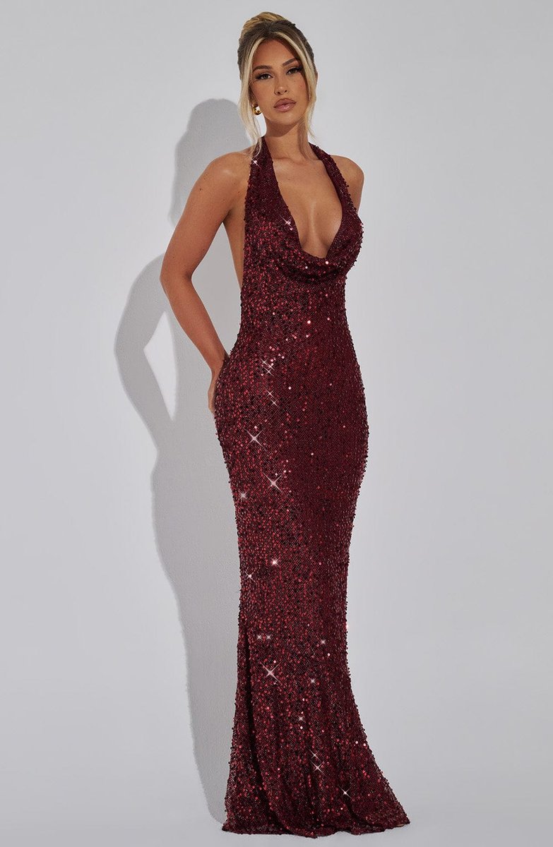 Women's Sequin Halter Neck Cowl Fall Wedding Guest Dress Maxi Gown