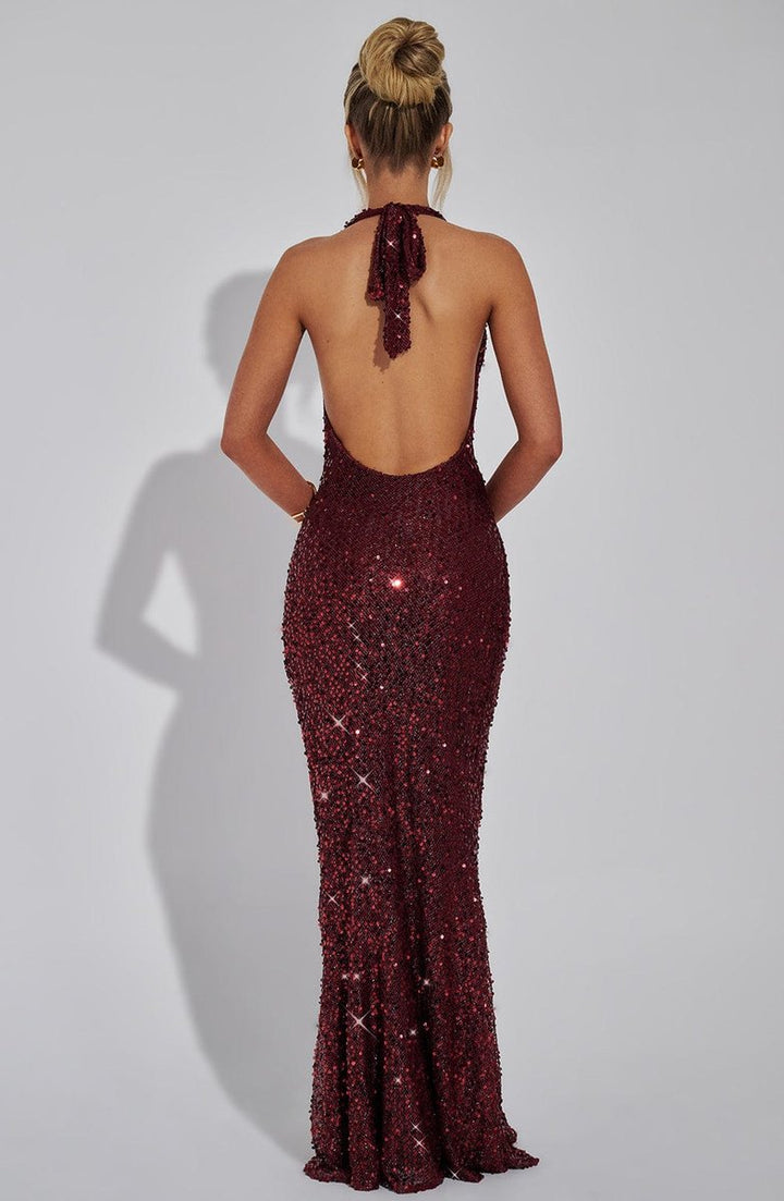 Women's Sequin Halter Neck Cowl Fall Wedding Guest Dress Maxi Gown