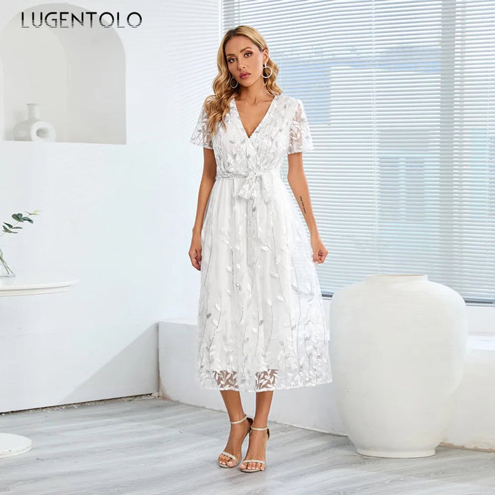 Women's Sequin Lace V-Neck Belted Fall Midi Dress