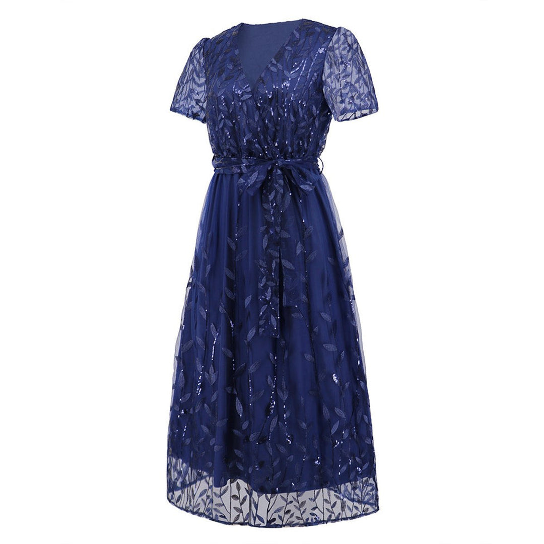 Women's Sequin Lace V-Neck Belted Fall Midi Dress
