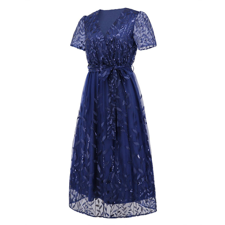 Women's Sequin Lace V-Neck Belted Fall Midi Dress