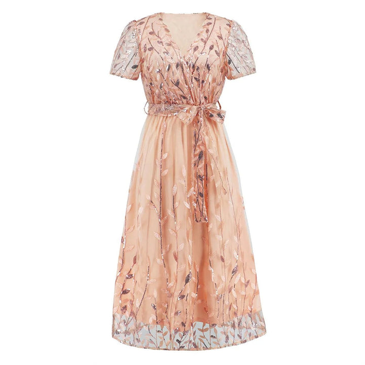 Women's Sequin Lace V-Neck Belted Fall Midi Dress