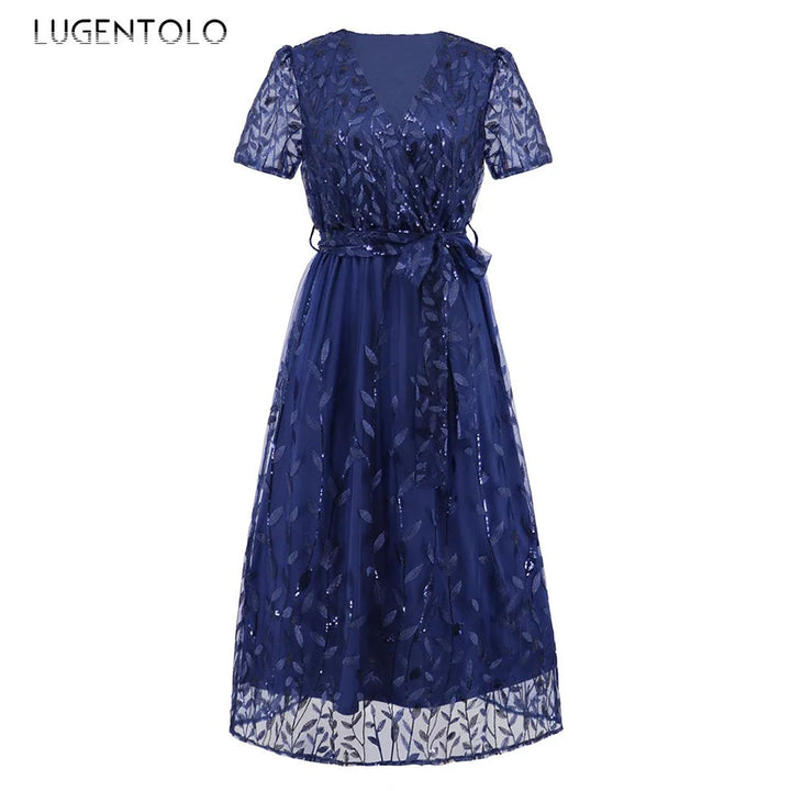 Women's Sequin Lace V-Neck Belted Fall Midi Dress