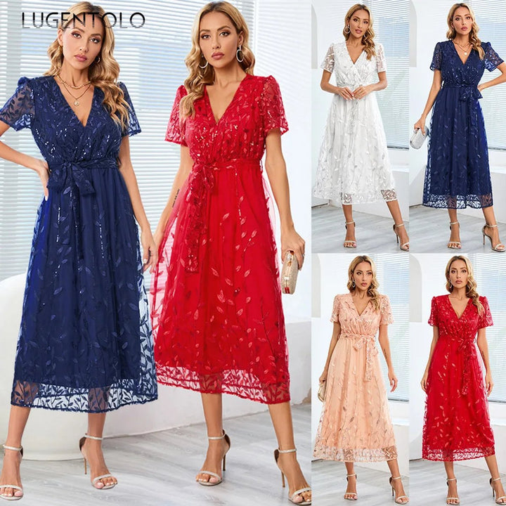 Women's Sequin Lace V-Neck Belted Fall Midi Dress