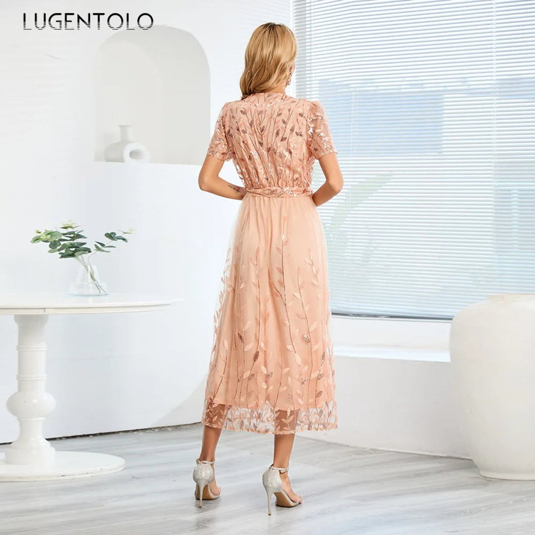 Women's Sequin Lace V-Neck Belted Fall Midi Dress
