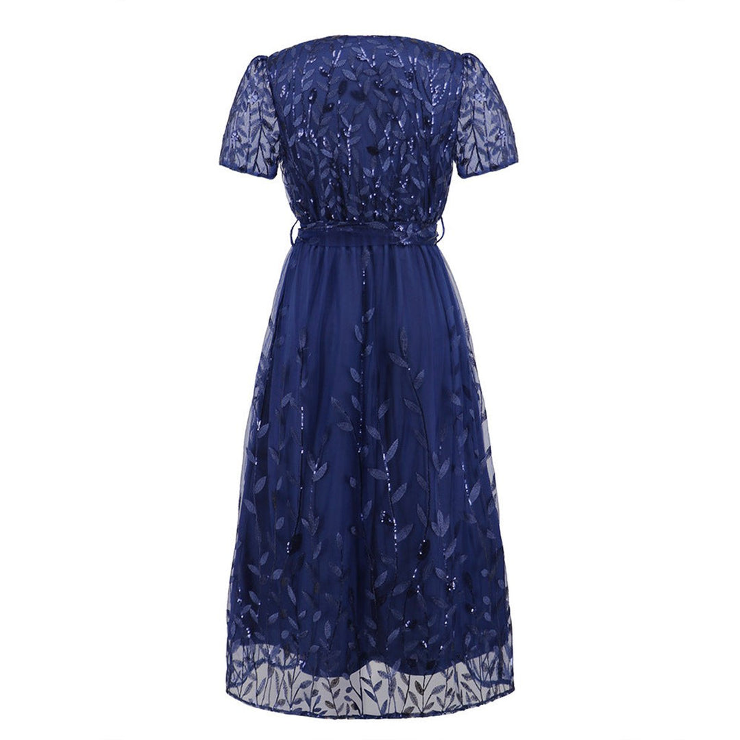 Women's Sequin Lace V-Neck Belted Fall Midi Dress