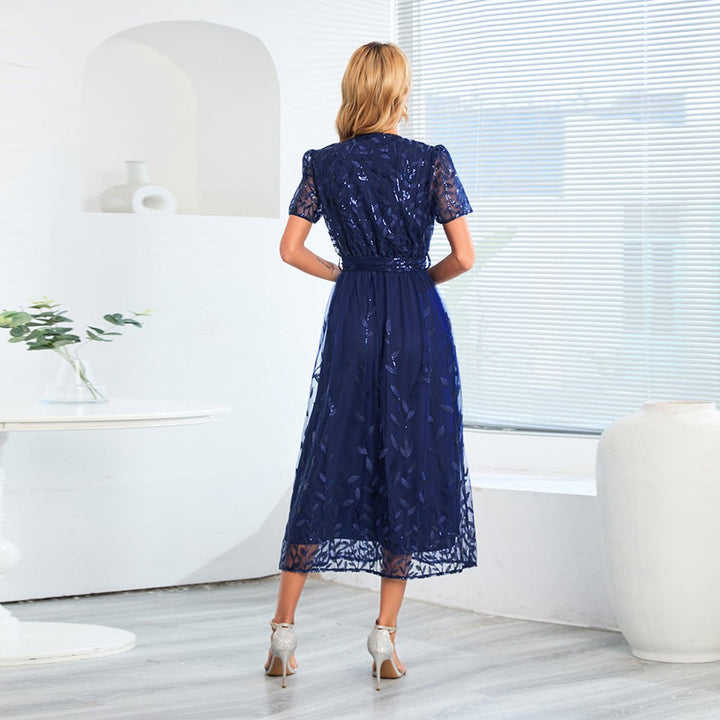 Women's Sequin Lace V-Neck Belted Fall Midi Dress