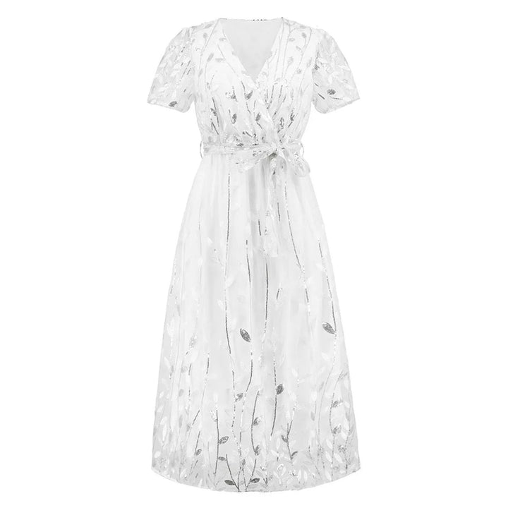 Women's Sequin Lace V-Neck Belted Fall Midi Dress