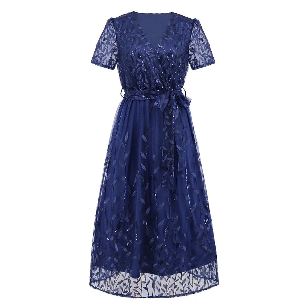 Women's Sequin Lace V-Neck Belted Fall Midi Dress