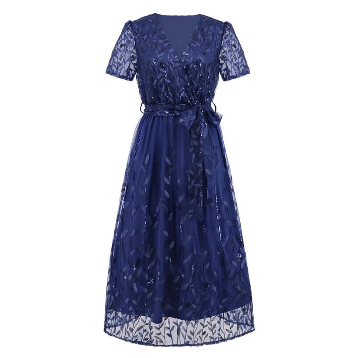 Women's Sequin Lace V-Neck Belted Fall Midi Dress
