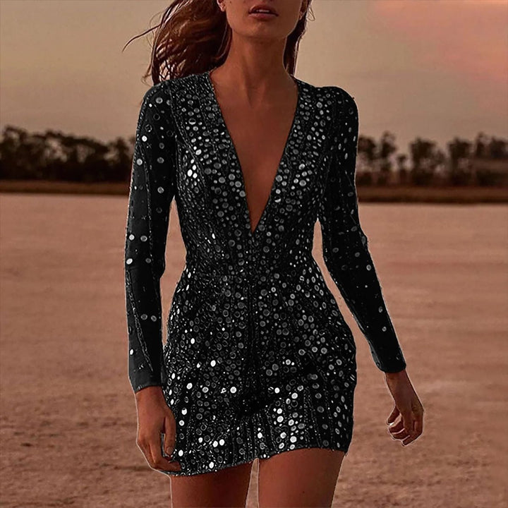 Women's Sequin Long Sleeve Deep V-Neck Fall Midi Dress
