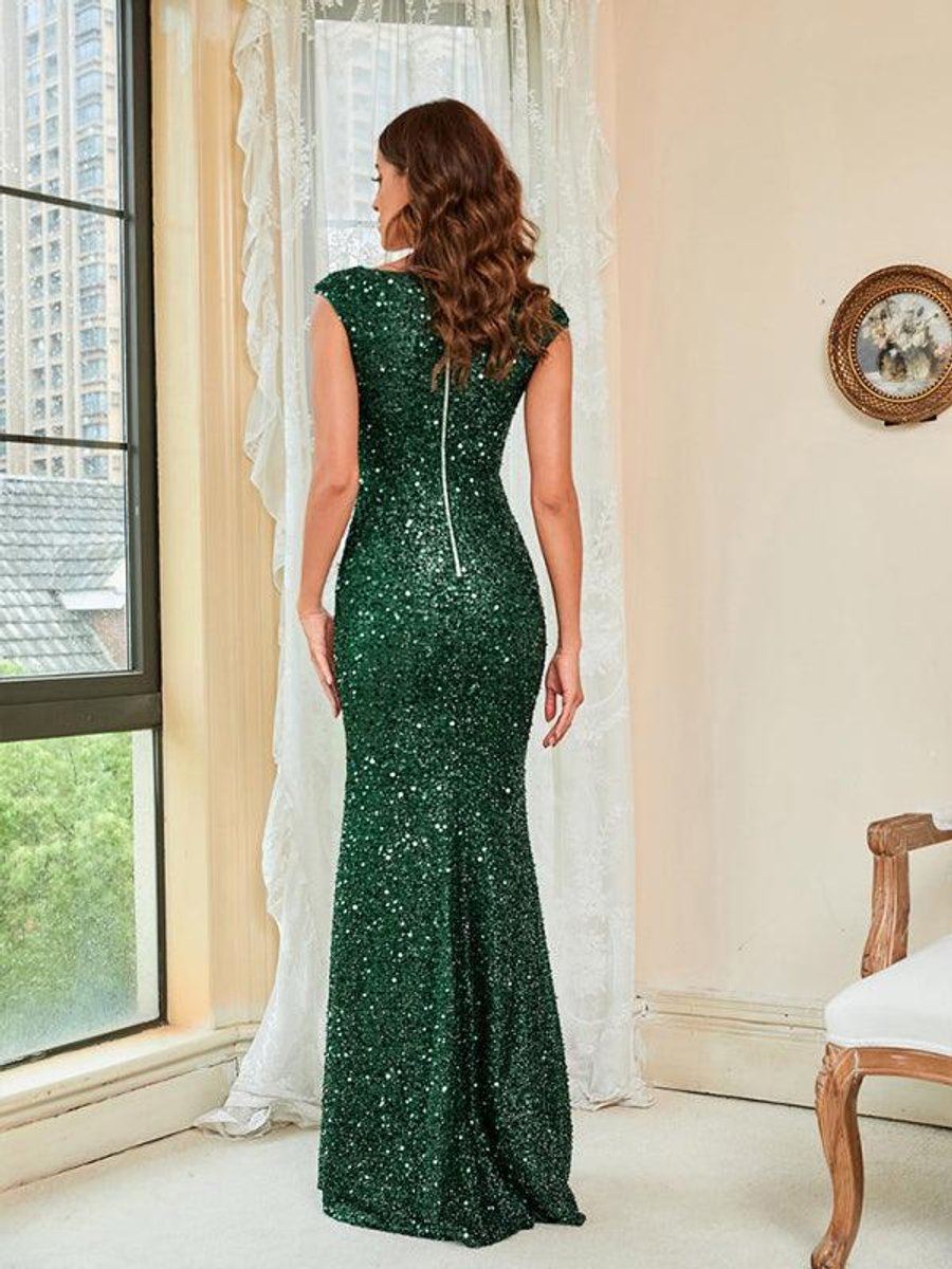 Women's Sequin Mermaid Fall Midi Dress High-Waist Cap Sleeve