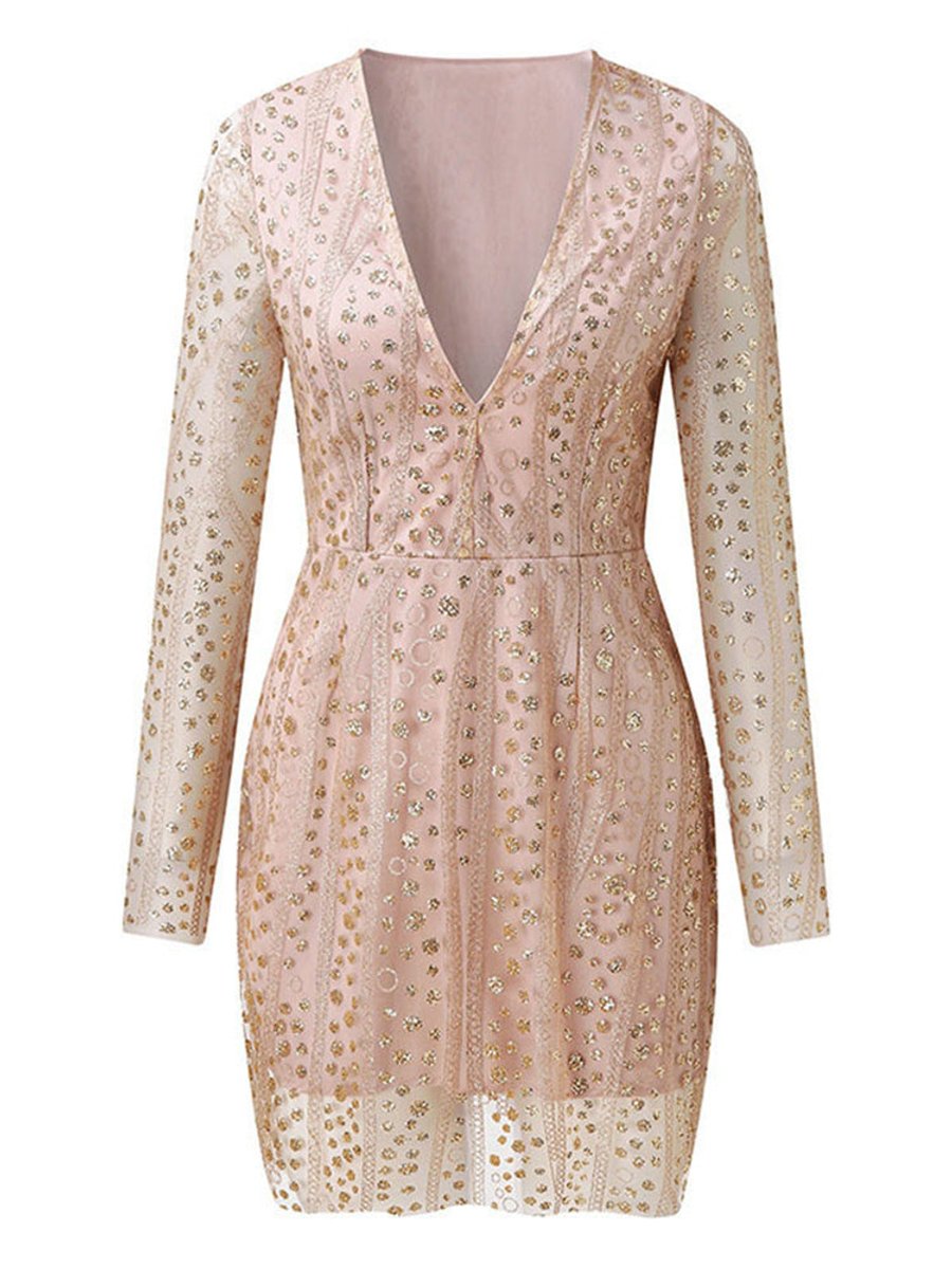Women's Sequin Mesh Long Sleeve V-Neck Fall Midi Dress