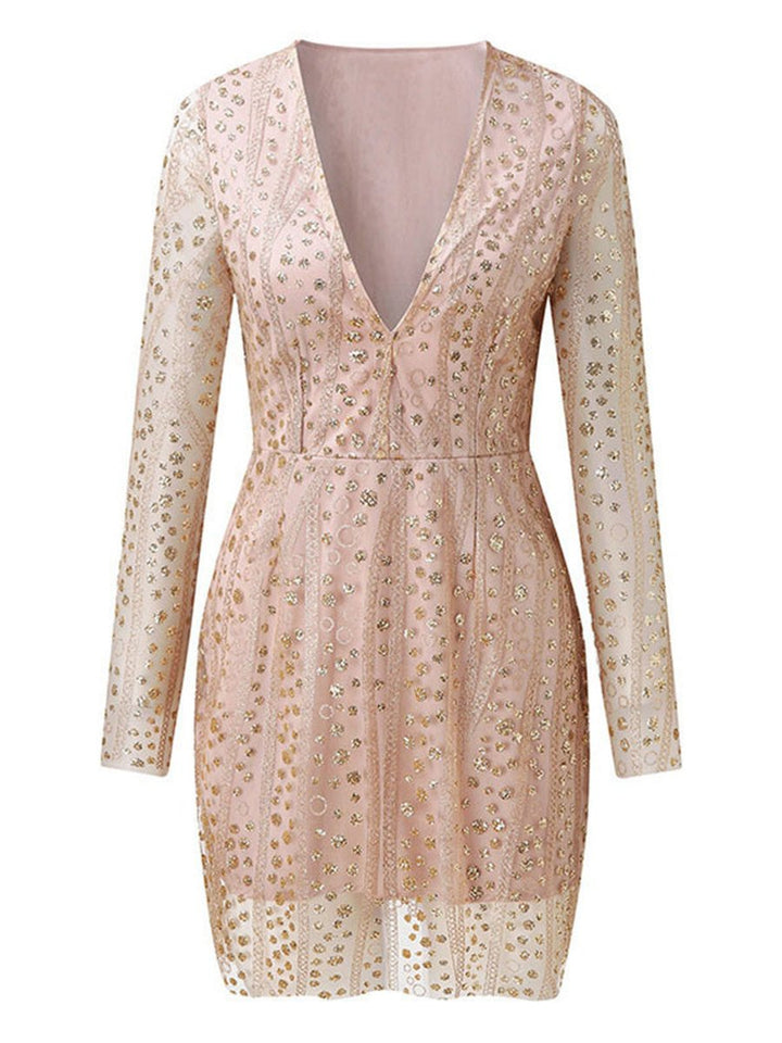 Women's Sequin Mesh Long Sleeve V-Neck Fall Midi Dress