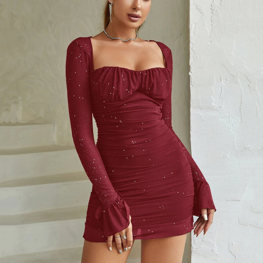 Women's Sequin Mesh-Sleeve Square-Neck Fall Wedding Guest Dress