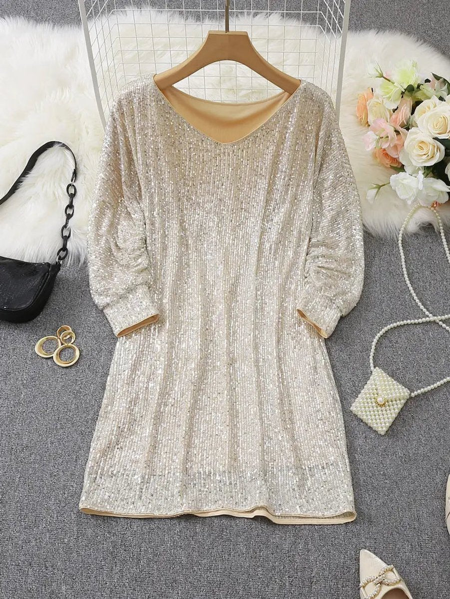 Women's Sequin Off-Shoulder Long Sleeve Formal Dress Mini Party