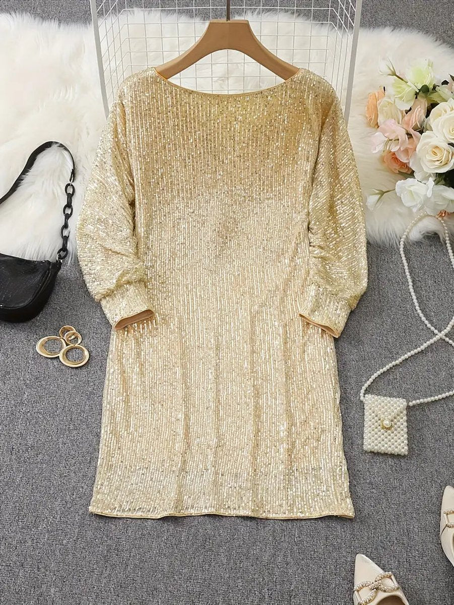 Women's Sequin Off-Shoulder Long Sleeve Formal Dress Mini Party
