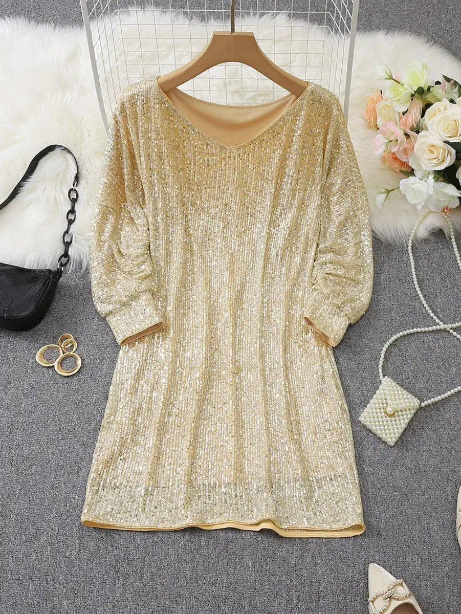 Women's Sequin Off-Shoulder Long Sleeve Formal Dress Mini Party
