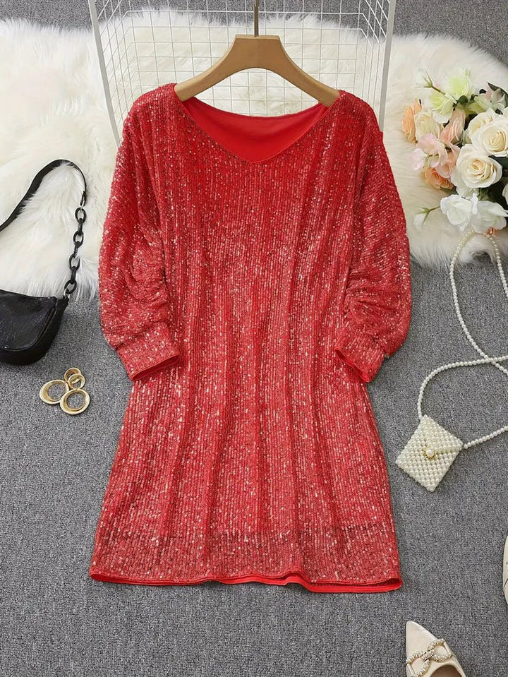 Women's Sequin Off-Shoulder Long Sleeve Formal Dress Mini Party