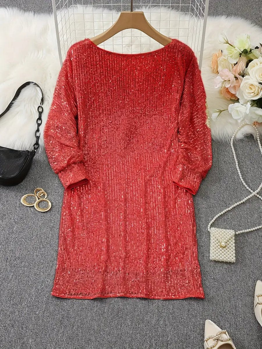 Women's Sequin Off-Shoulder Long Sleeve Formal Dress Mini Party