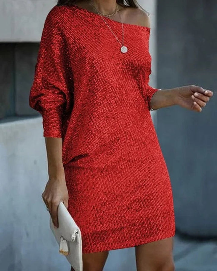 Women's Sequin Off-Shoulder Long Sleeve Formal Dress Mini Party