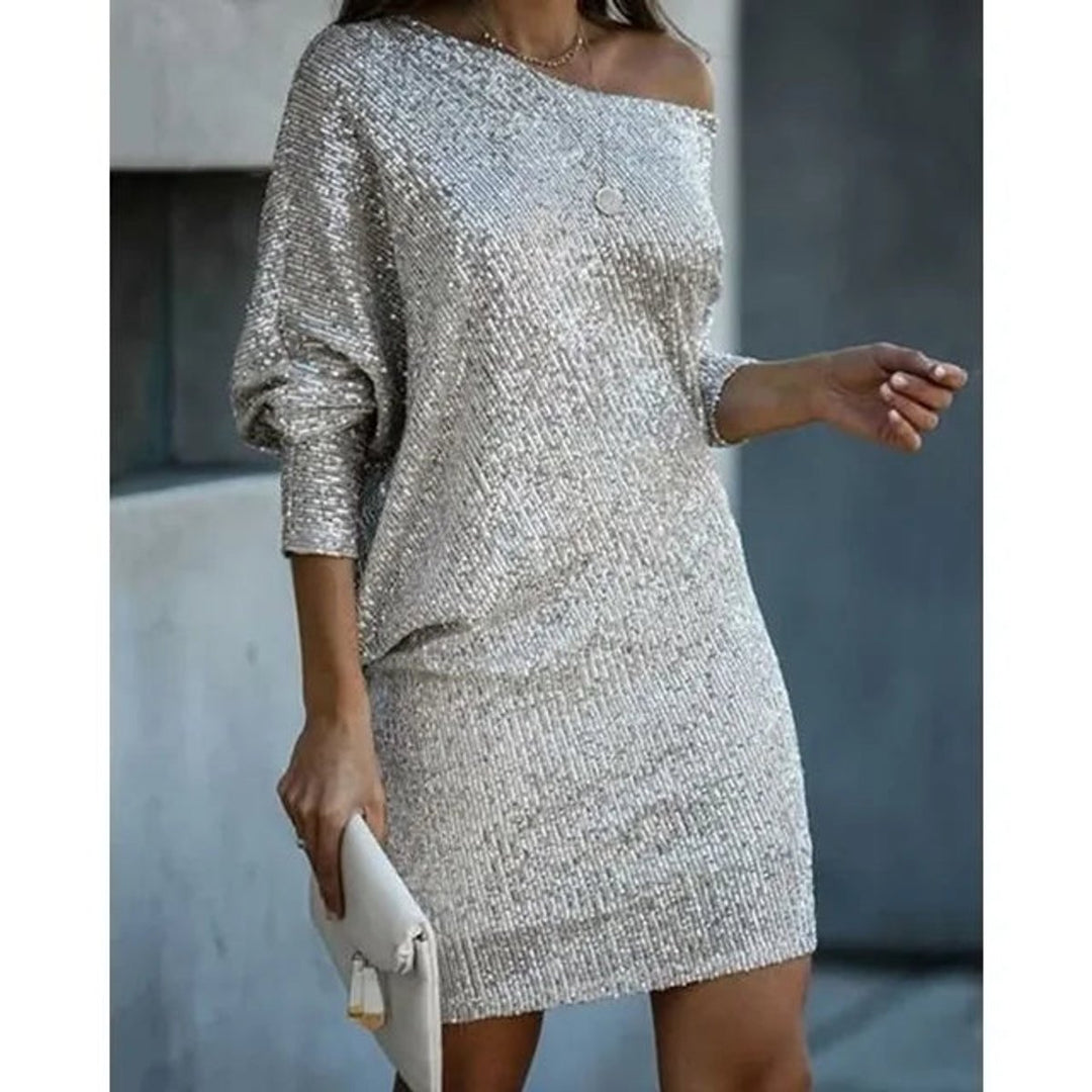 Women's Sequin Off-Shoulder Long Sleeve Formal Dress Mini Party