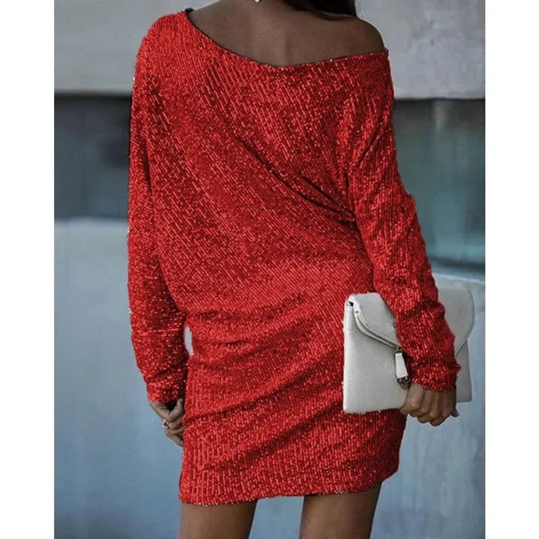 Women's Sequin Off-Shoulder Long Sleeve Formal Dress Mini Party