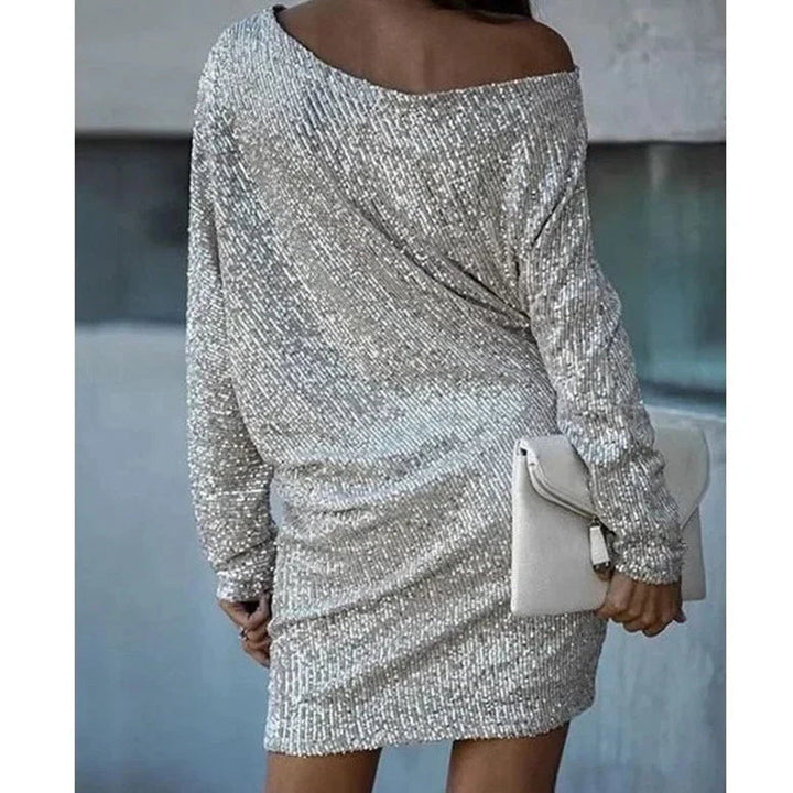 Women's Sequin Off-Shoulder Long Sleeve Formal Dress Mini Party