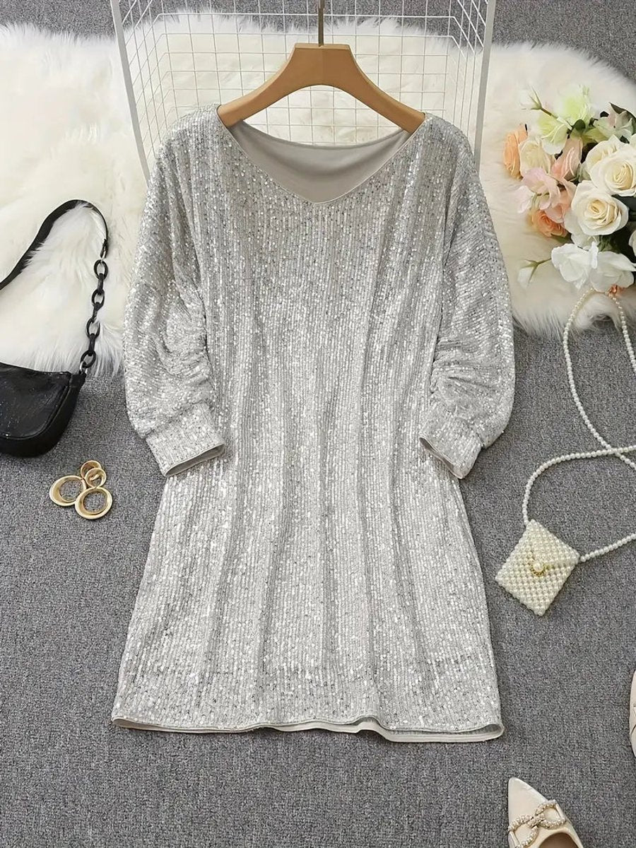 Women's Sequin Off-Shoulder Long Sleeve Formal Dress Mini Party