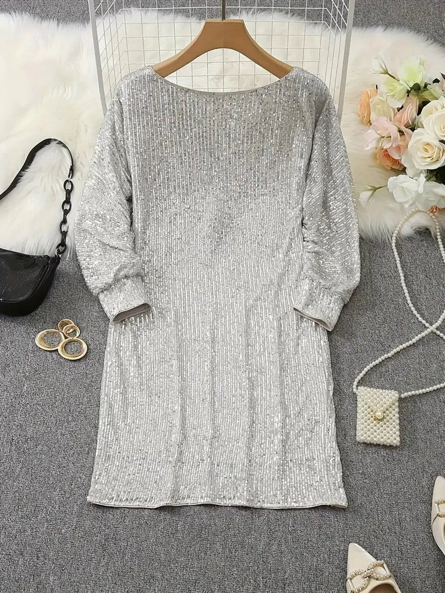 Women's Sequin Off-Shoulder Long Sleeve Formal Dress Mini Party