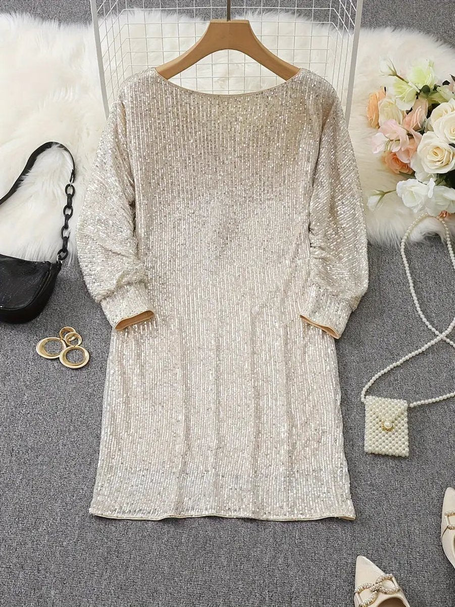 Women's Sequin Off-Shoulder Long Sleeve Formal Dress Mini Party