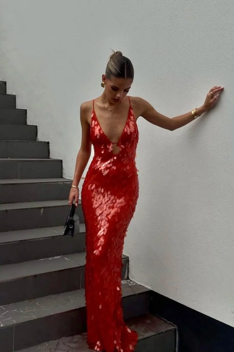 Women's Sequin Open-Back Spaghetti-Strap Maxi Formal Dress