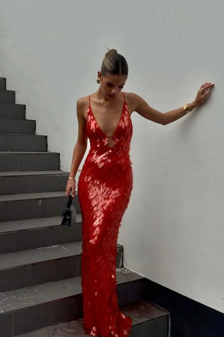 Women's Sequin Open-Back Spaghetti-Strap Maxi Formal Dress