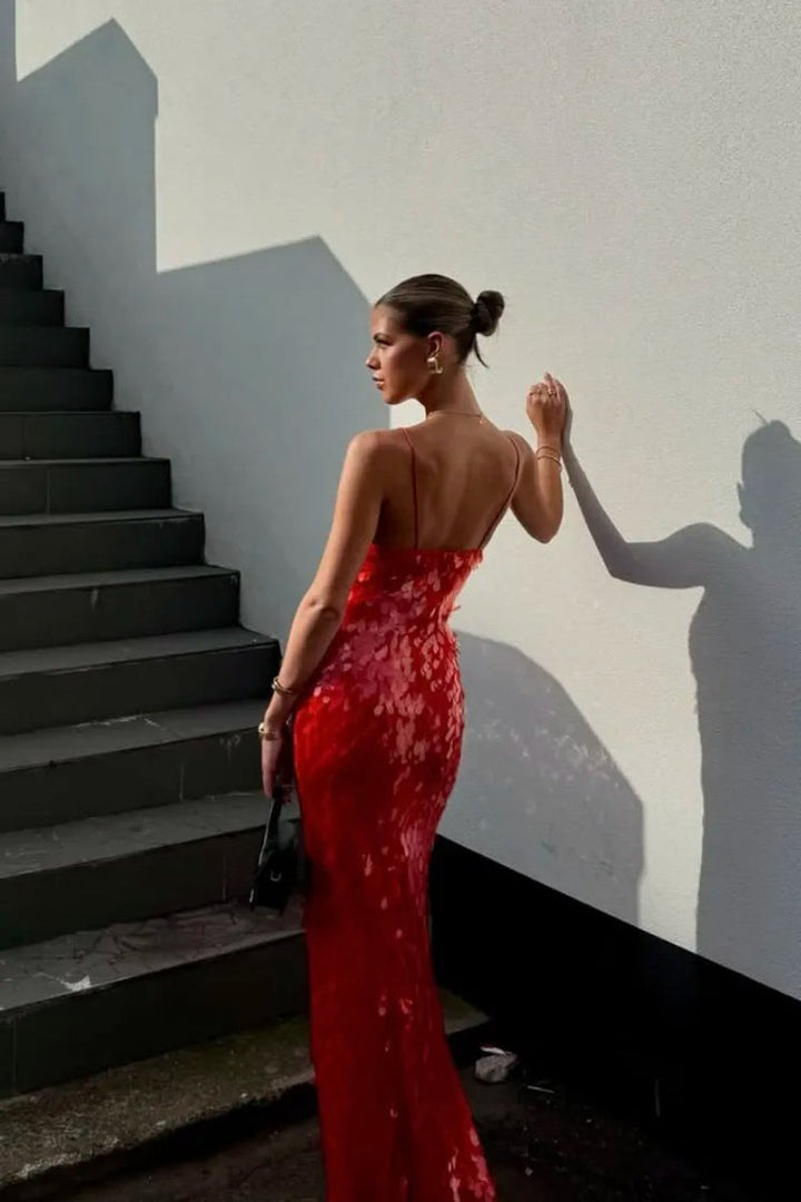 Women's Sequin Open-Back Spaghetti-Strap Maxi Formal Dress