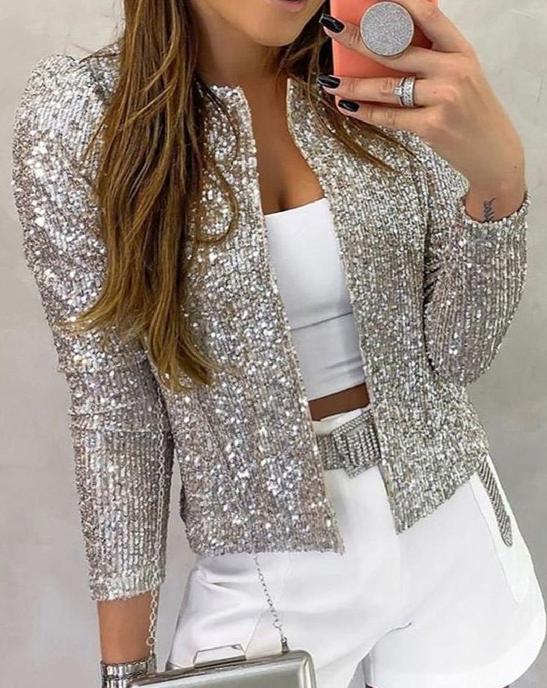 Women's Sequin Open-Front Sparkle Party Jacket - Silver