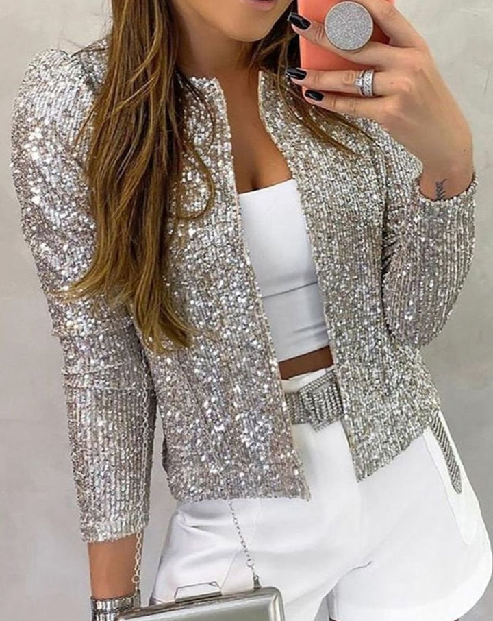 Women's Sequin Open-Front Sparkle Party Jacket - Silver