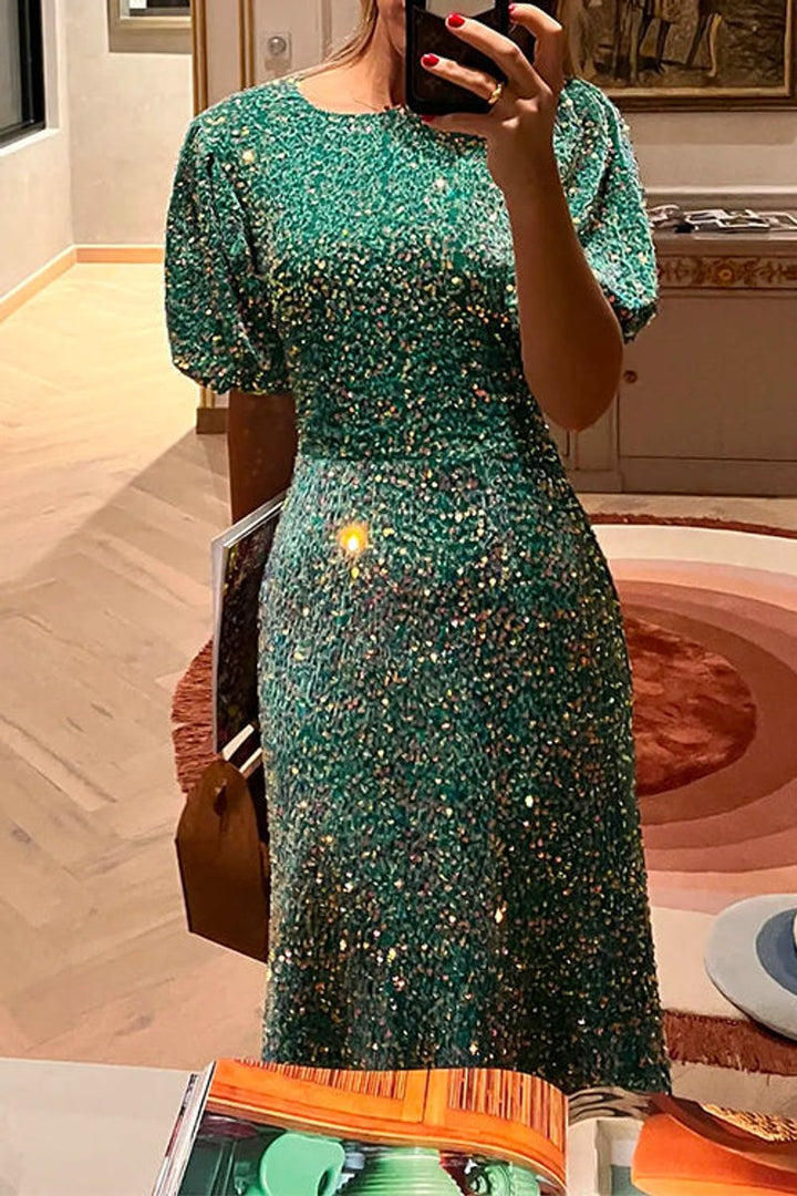 Women's Sequin Puff-Sleeve Fitted Fall Midi Dress
