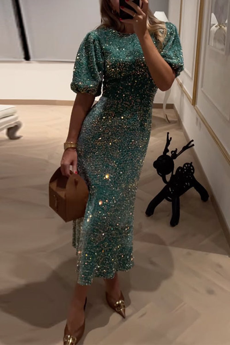 Women's Sequin Puff-Sleeve Fitted Fall Midi Dress