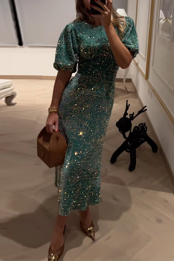 Women's Sequin Puff-Sleeve Fitted Fall Midi Dress