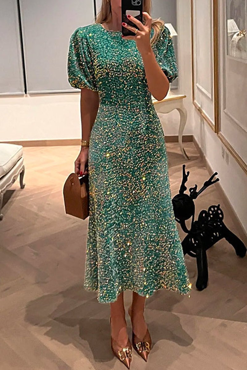 Women's Sequin Puff-Sleeve Fitted Fall Midi Dress